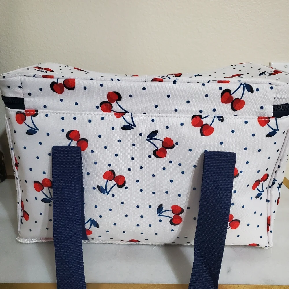 Kate Spade Navy Blue Polka Dot Red Cherry Printed Insulate Ice Cooler Travel Bag